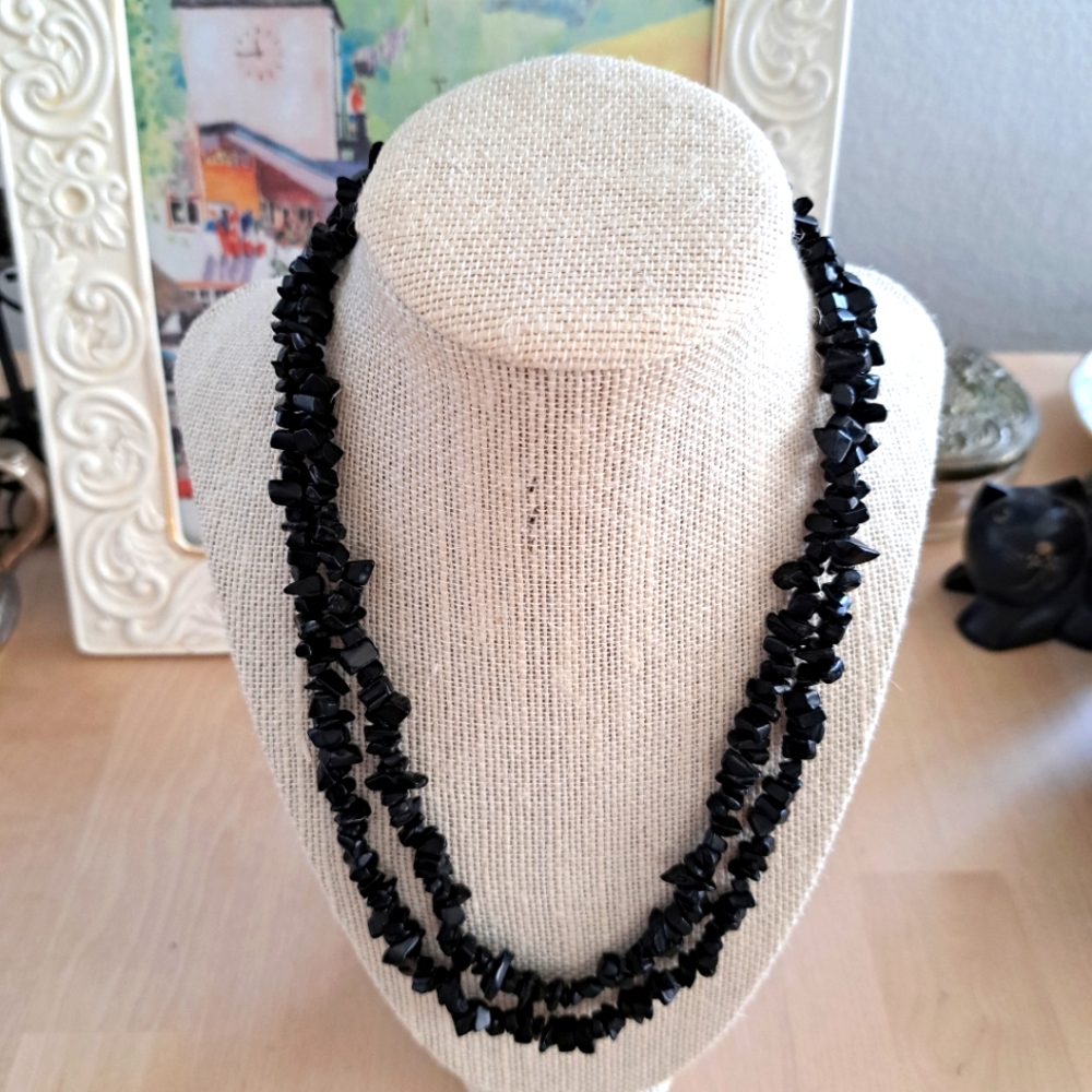Classic Black Glass Chip Extra Long Continuous Necklace 42 in